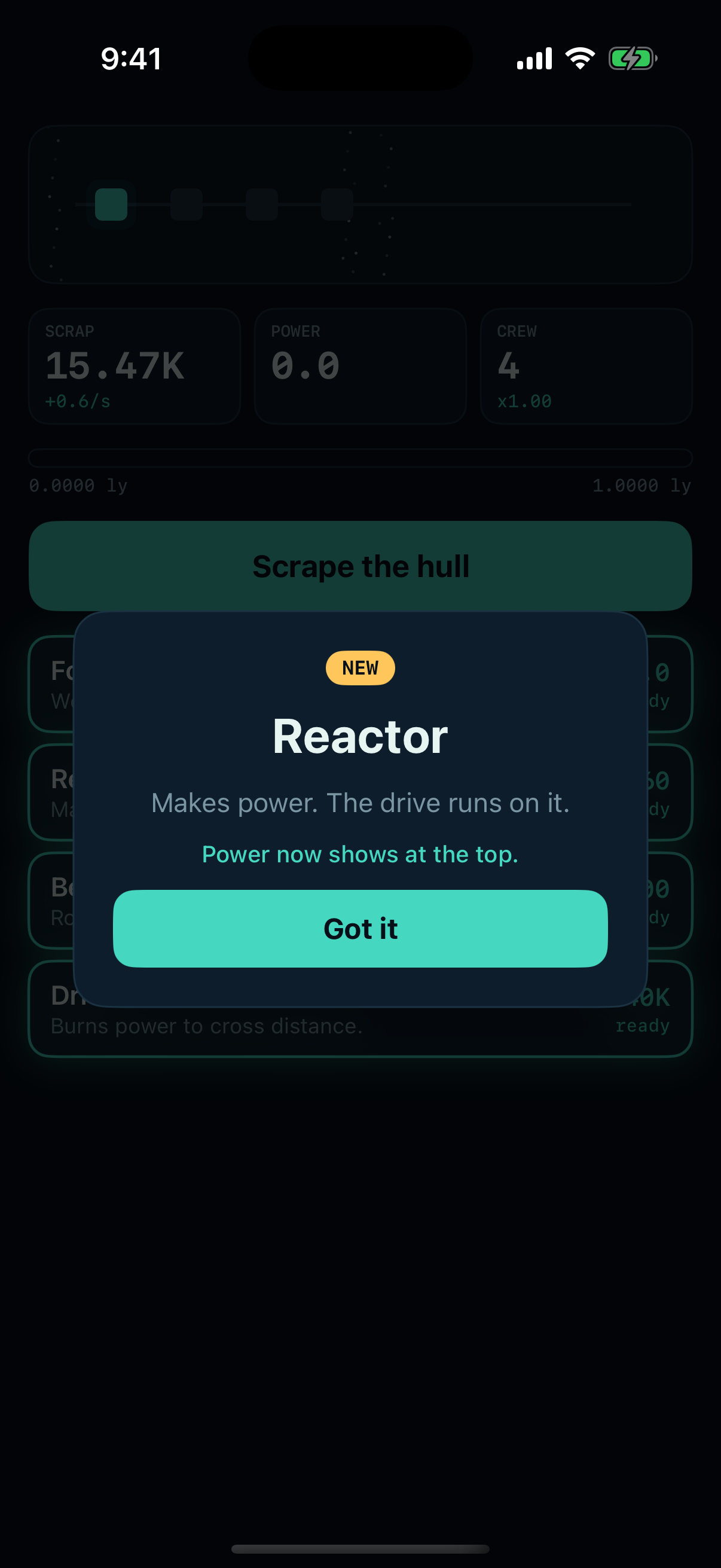 The game part way in, with a card introducing the reactor and the power readout it adds